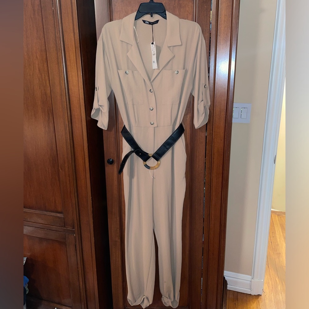 Beige Button-Up Jumpsuit with Belt